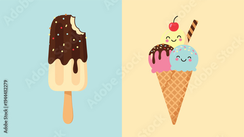Sweet treat illustration showing a chocolate dipped ice cream bar with sprinkles and a colorful triple scoop waffle cone with a cherry.