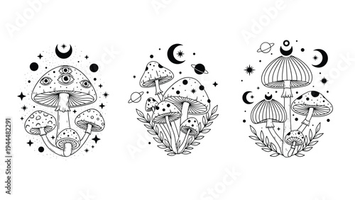 Triple set of mystical mushroom compositions featuring eyes, spots, celestial bodies like planets and moons, and leafy botanical accents.