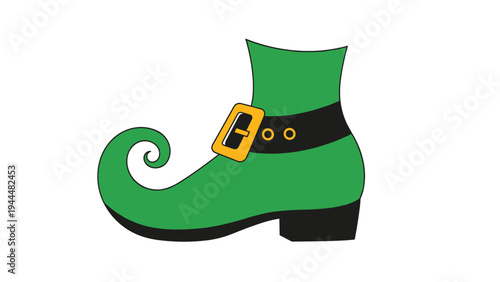 Classic leprechaun boot illustration in vibrant green featuring a curved toe, a black strap with a gold buckle, and a small dark heel.