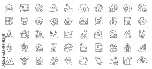Finances vector icons in line style. Finances icons set. Outline finance icons collection.