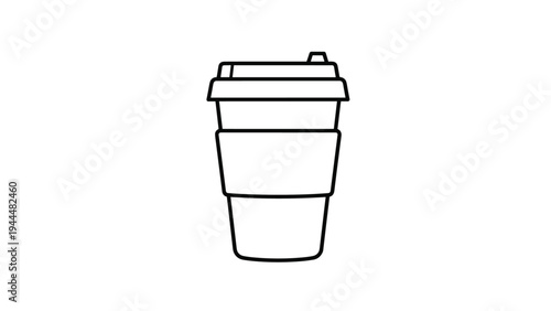 Clean black line icon of a disposable coffee cup with a lid and a protective cardboard sleeve on a plain white background for cafe use.