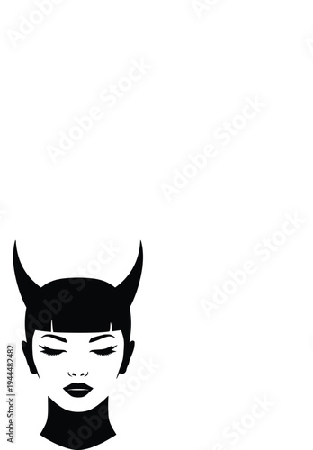 Elegant character with devil horns and closed eyes in a minimalist style