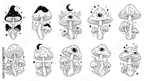Comprehensive collection of ten mystical mushroom illustrations featuring eyes, moons, stars, and dark patterns in a grid art layout.