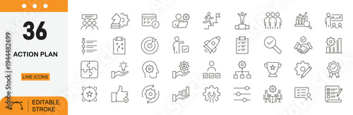 Action plan line icons set. Strategy, planning, and task management symbols collection. Checklist, goal, roadmap. Editable stroke.