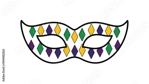 Traditional harlequin carnival mask featuring a colorful diamond pattern in green, purple, and gold with a black outline for festivals.