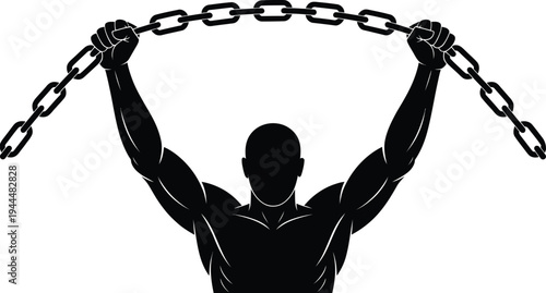 Muscular male silhouette holding metal chain above his head strong man raising arms up