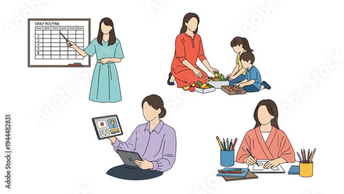 Versatile Woman: A depiction of woman multitasking through different life scenarios, working, learning and taking care of her kids