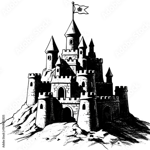 Majestic medieval castle with flag on a hill, black and white illustration