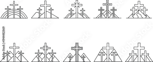 Multiple cross on hilltops in black line mountain line black and white symbol