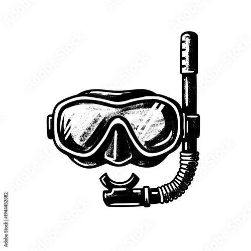 Vintage style scuba diving mask and snorkel illustration in black and white