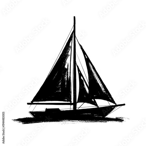 Black silhouette of a sailboat with full sails on a white background