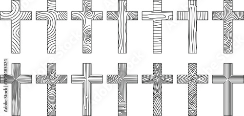 Various wooden crosses with unique grain patterns black and white religious symbols textures