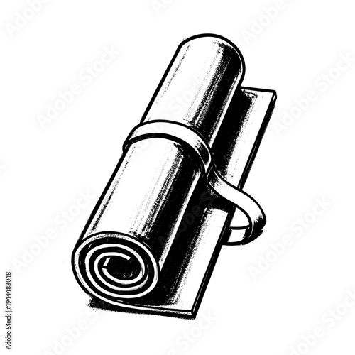 Rolled up yoga mat with strap, black and white illustration, minimalist design