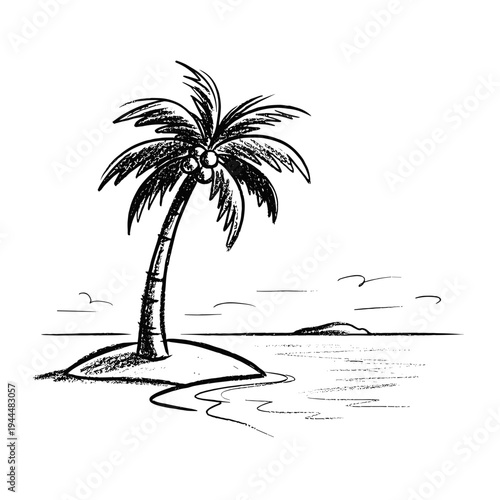 Simple black and white sketch of a lone palm tree on a small island in the ocean