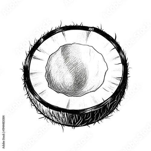 Hand-drawn sketch of a halved coconut with detailed texture and shading on a white background