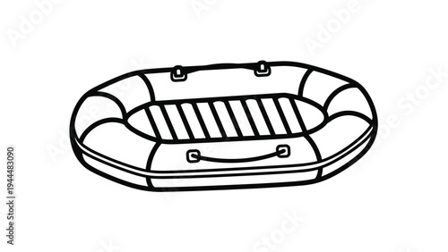 Simple black and white line drawing of an oval inflatable raft or boat with handles and a slatted floor design for water recreation.