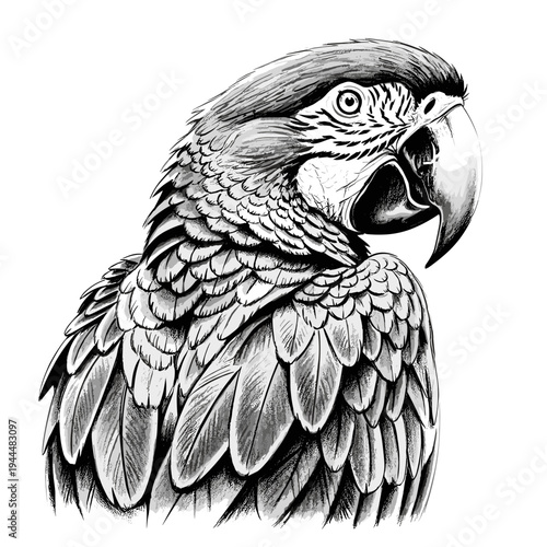 Detailed black and white illustration of a macaw parrot's head and shoulder