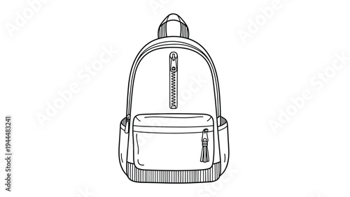 Line drawing of a classic school backpack showing a large main compartment with a zipper and a smaller front pocket for student supplies.