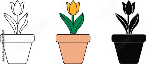 tulip, flower, plant, pot, gardening, botanical, nature, blossom, spring, floral, houseplant, vector, illustration, decorative, green, leaf, bloom, garden, isolated, design
