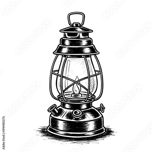 Vintage kerosene lantern with a lit flame, rendered in a classic black and white illustration style
