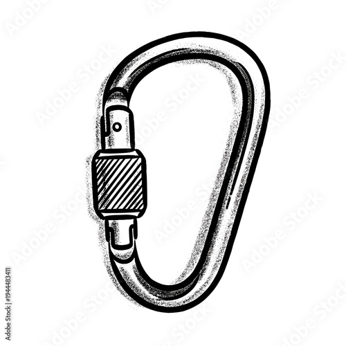 Hand drawn illustration of a black carabiner with a screw gate on a white background
