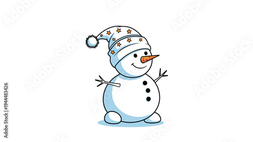 Cheerful snowman wearing a blue hat with orange stars and a matching orange carrot nose, standing with stick arms on a white background.