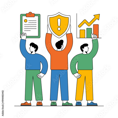 A group of people holding up icons for security and growth
