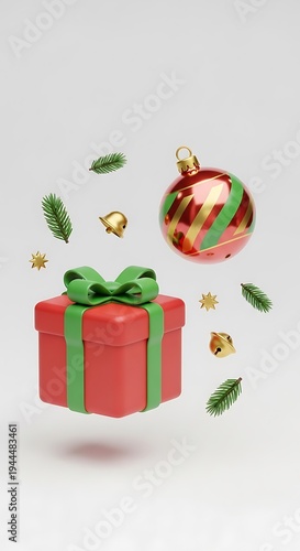 Festive Christmas Gift and Ornament Floating in a Minimalist Scene.