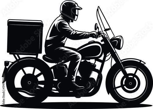 Motorcycle delivery rider with cargo box, side profile of a courier on classic motorbike