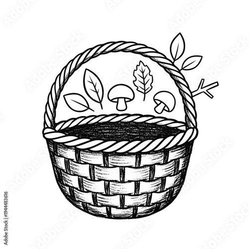 Hand-drawn illustration of a woven basket filled with mushrooms and autumn leaves