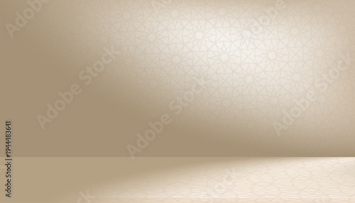 Eid al Fitr.Ramadan Kareem Background.Islamic pattern indoors Mosque design brown background and light,Shadow casting arabesque geometric window shadow on wall.Minimal interior studio room.Eid Mubarak