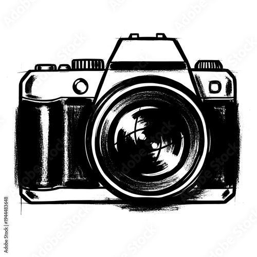 Striking black and white illustration of a vintage camera with a prominent lens