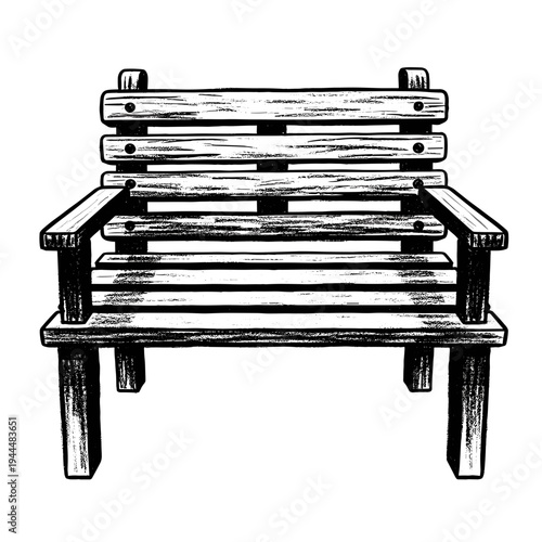 Hand-drawn sketch of a wooden park bench with a rustic, textured appearance
