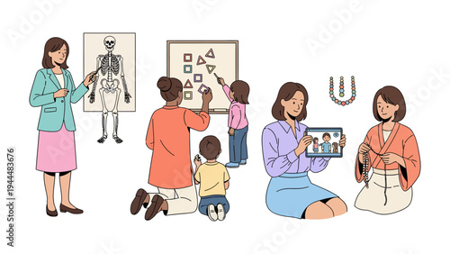 Knowledge Sharing: A collection of educational scenes showcases a tutor's diverse lesson, illustrating the joy of discovery through interactive learning