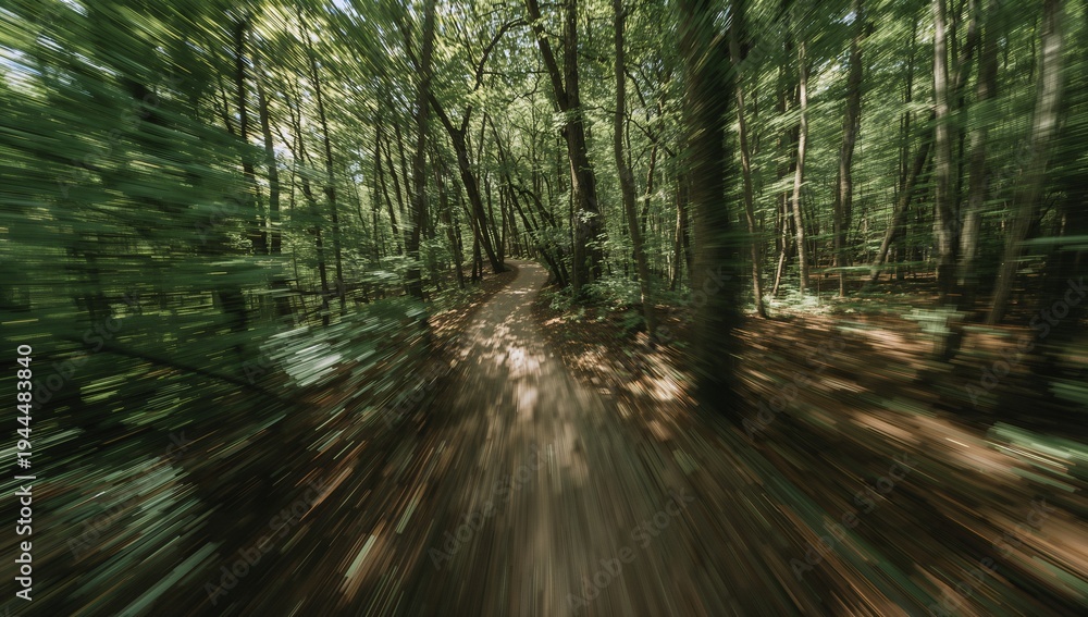 Obraz premium Zooming central dirt trail through deciduous woods, with trunks, canopy, sunlit litter, radial blur