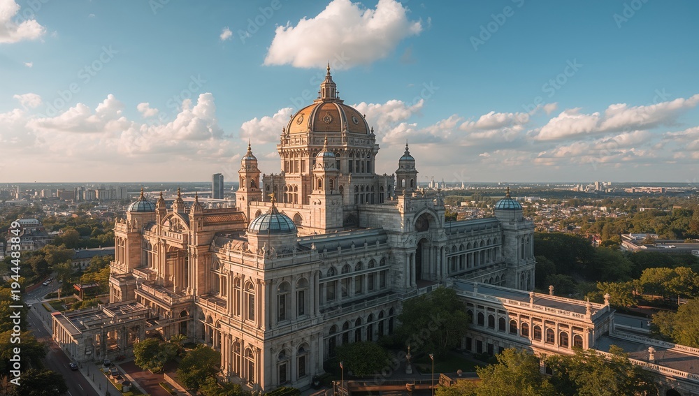 Fototapeta premium Showing grand building from drone, featuring central dome, colonnades, arched windows, lawns