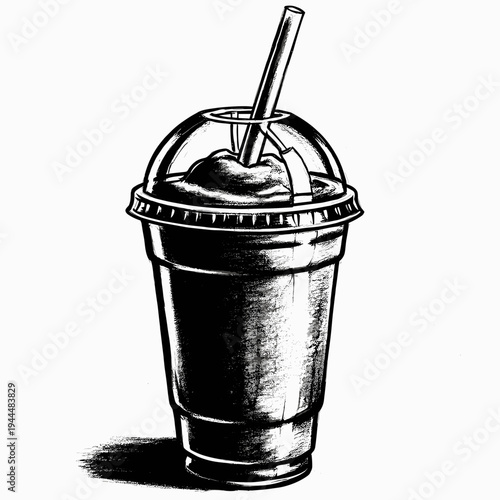 Hand drawn illustration of a refreshing iced beverage in a clear plastic cup with a straw