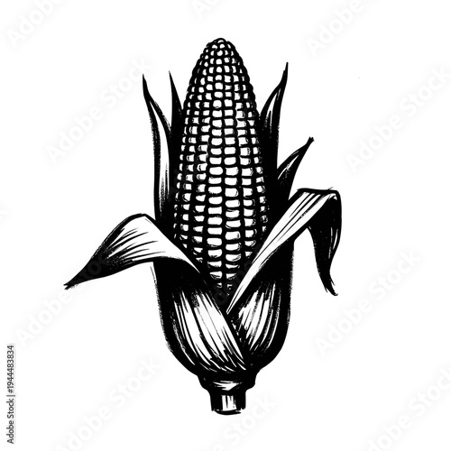 Black and white illustration of a ripe ear of corn with husks