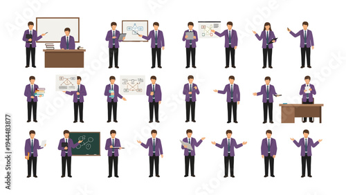 Education in Progress: A comprehensive set of illustrated visuals depicting an instructor engaged in a lesson.