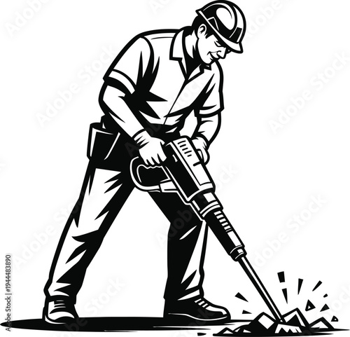 Construction worker using jackhammer, professional builder in hard hat breaking concrete with tool