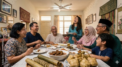 Multi-generational Malay Family Enjoying Hari Raya Feast at Home