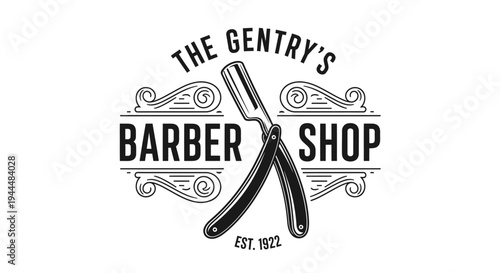 Vintage barber shop logo design with classic straight razor illustration and elegant typography, retro emblem for grooming services.