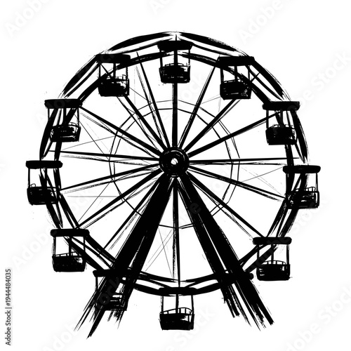 Abstract black and white illustration of a Ferris wheel with a brushstroke effect