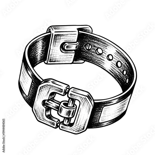 Detailed black and white sketch of a classic watch strap with a metal buckle and holes