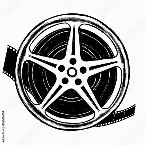 Vintage film reel with black and white strip of movie film, artistic illustration