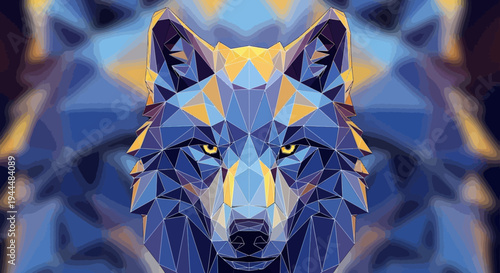 Striking geometric wolf illustration in low poly style, featuring blue and gold polygonal facets and intense yellow eyes