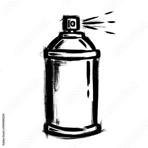 Black and white spray paint can with nozzle spraying liquid in a rough artistic style