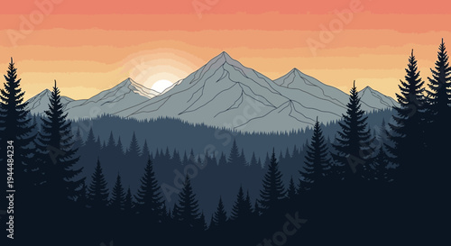 Serene mountain landscape with a vibrant sunrise over peak silhouettes and dense pine forests. Scenic vector illustration of nature.