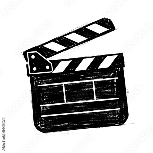 Hand-drawn black and white clapperboard icon for film production and cinema industry