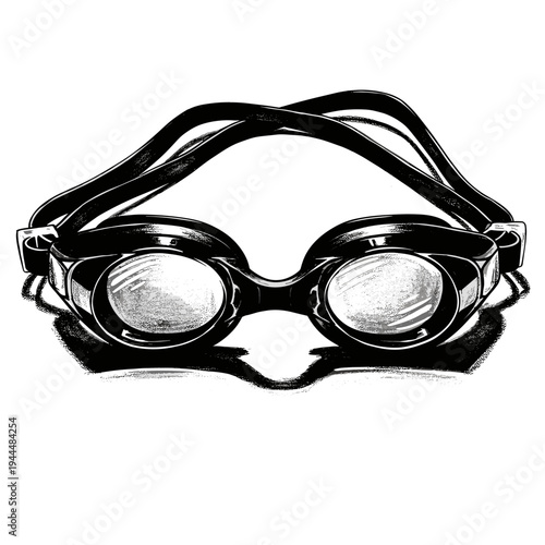 Black swimming goggles with a reflective lens and strap, isolated on white background